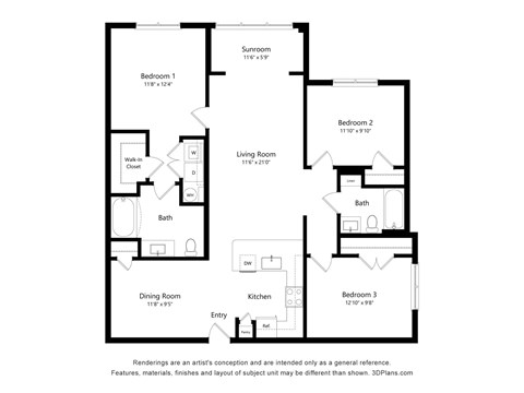 Floor plan for 3 beds, 2 baths, 1317 sqft